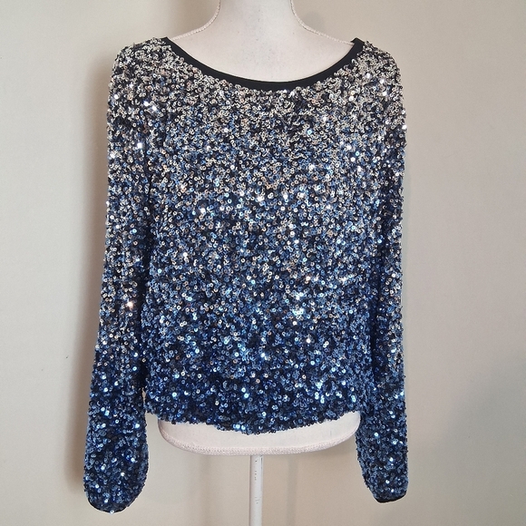 Twin-set By Simona Barbieri Blue Sequin Long Sleeve Blouse Size Large NWT - Picture 1 of 5